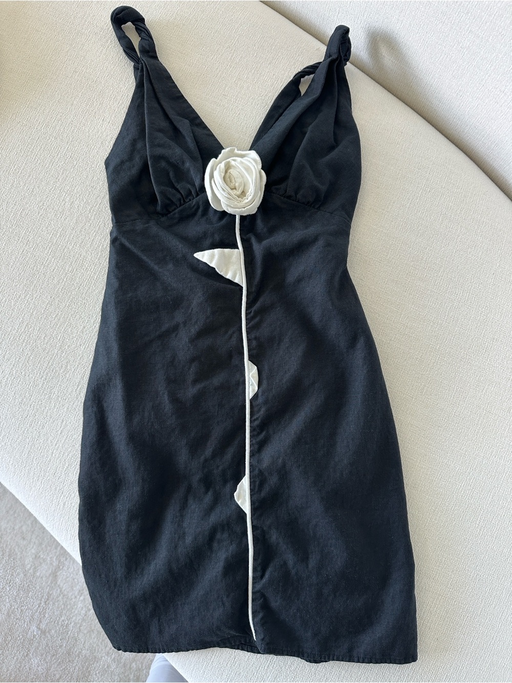 FARM Rio Black Mini Dress with White Rose Trim